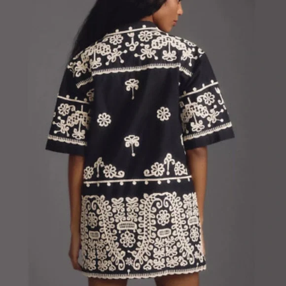 H017. Anthropologie Maeve Mini Shirt Dress with Cream Embroidered Detail - Picture 3 of 3